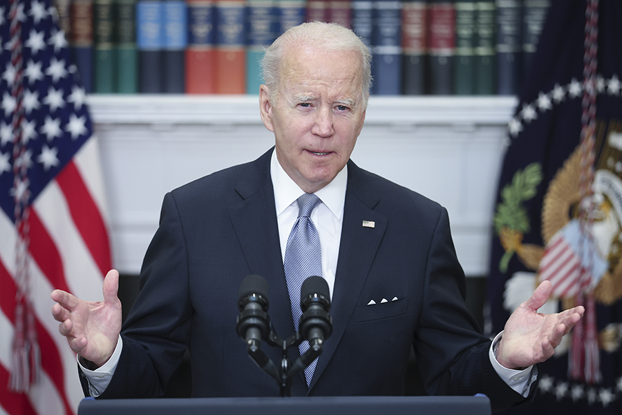 President Joe Biden, at the White House, announced $800 million in U.S. military assistance to Ukraine on April 21.  (Photo by Win McNamee/Getty Images)