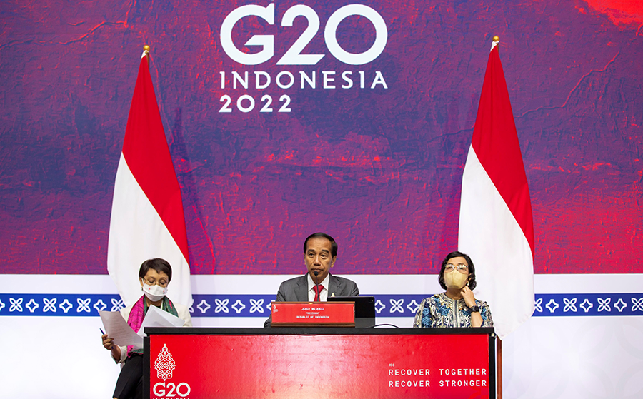 Indonesian President Joko Widodo attends the closing press conference of the Group of 20 summit in Bali in November. A majority of the group condemned the Russian war in Ukraine and said the threat or use of nuclear weapons is “inadmissible.”  (Photo by Wang Yiliang/Xinhua via Getty Images)