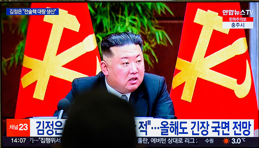 A TV screen shows footage of North Korean leader Kim Jong Un on Jan. 1, after he gave a speech stressing the need to “exponentially” increase the size of the country’s nuclear arsenal and develop a new intercontinental ballistic missile.  (Photo by Kim Jae-Hwan/SOPA Images/LightRocket via Getty Images)