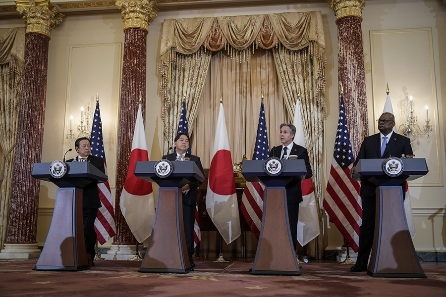 Japanese Defense Minister Hamada Yasukazu (L to R), Japanese Foreign Minister Hayashi Yoshimasa, U.S. Secretary of State Antony Blinken and U.S. Secretary of Defense Lloyd Austin participate in a news conference at the U.S. Department of State on January 11, days ahead of a White House meeting between U.S. President Joe Biden and Japanese Prime Minister Fumio Kishida.  (Photo by Drew Angerer/Getty Images)