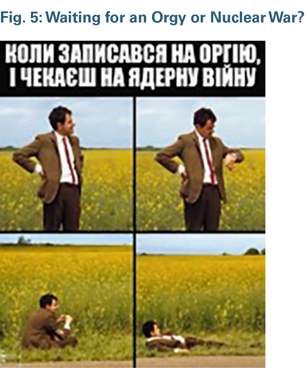 Translation: “When you signed up for the orgy and now are waiting for a nuclear war” Source: Mariia Suprun, “‘Orgy on Shchekavytsia’: The Network Was Flooded With Memes About Gatherings of Ukrainians on the Mountain in the Event of a Nuclear Explosion,