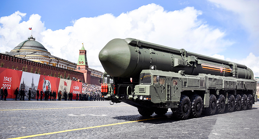 A Russian Yars intercontinental ballistic missile launcher crosses Red Square during the Victory Day military parade in May 2022. (Photo by Alexander Nemenov/AFP via Getty Images)