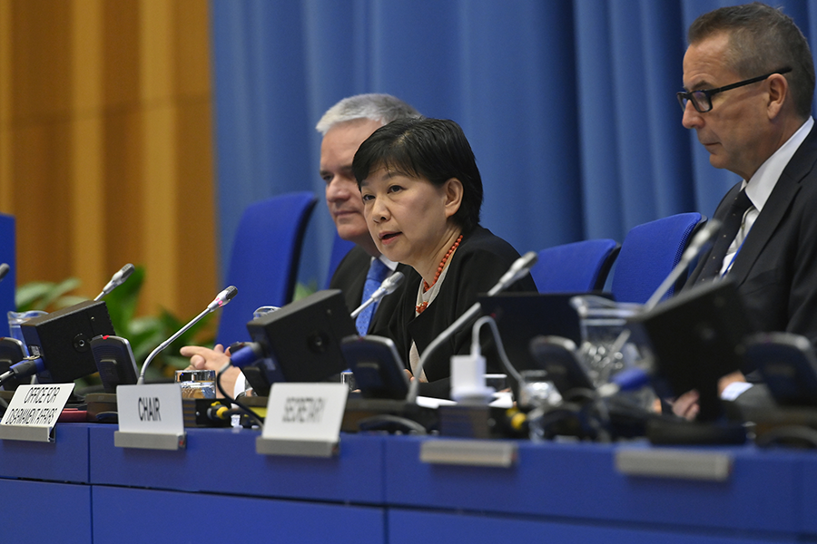 Izumi Nakamitsu (C), UN under-secretary-general of disarmament affairs, addresses delegates and participants at the July 31 opening in Vienna of the first preparatory committee for the 11th nuclear Nonproliferation Treaty Review Conference. (Photo by Dean Calma/IAEA)