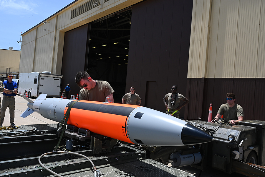 Technicians test load a new nuclear-capable B61-12 gravity bomb for the B-2 Spirit bomber at Whiteman Air Force Base, Missouri, in 2022. The U.S. Defense Department unexpectedly announced on October 27 its intention to develop a new variant of the B61 weapons system, to be called the B61-13. (U.S. Air Force photo by Airman 1st Class Devan Halstead)