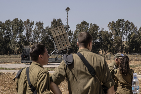 The Israeli army’s “Iron Dome” air defense system, which was used to defend Israel from Iranian drone and missile attacks, is shown to journalists in Sderot, Israel on April 17. (Photo by Mostafa Alkharouf/Anadolu via Getty Images)