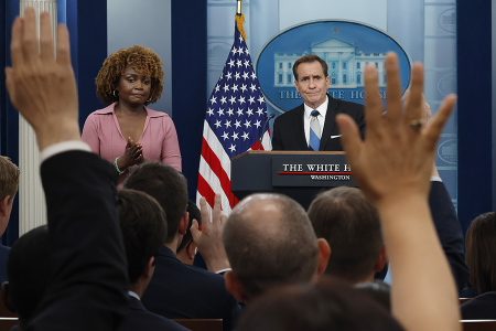 White House Press Secretary Karine Jean-Pierre (L) and White House National Security Communications Advisor John Kirby field questions from reporters on May 28 about an Israeli airstrike on Rafah over the weekend that killed Hamas operatives and dozens of civilians. (Photo by Chip Somodevilla/Getty Images)