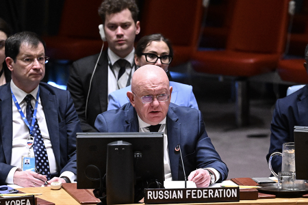 Vasily Nebenzia, Russia’s UN ambassador, speaks as the UN Security Council again discusses a Russian-led draft resolution advocating a ban on all weapons in space. For the second time, the draft failed on a vote of 7 council members in favor, 7 against, and 1 abstention. (Photo by Fatih Aktas/Anadolu via Getty Images)