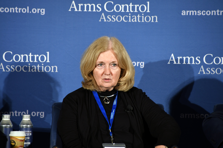 Madelyn Creedon, who chaired the Congressional Commission on the Strategic Posture of the United States, is dismissive of those who advocate for a U.S. nuclear “overmatch” in the face of two near-peer nuclear-armed adversaries.  (Photo by Allen Harris/Arms Control Association)
