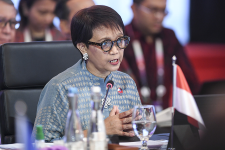 Indonesia’s Foreign Minister Retno Marsudi delivers opening remarks during meeting on the Southeast Asia Nuclear-Weapon-Free Zone in Jakarta in 2023.  (Photo by Pool/ Adi Weda/ EPA/Anadolu Agency via Getty Images)
