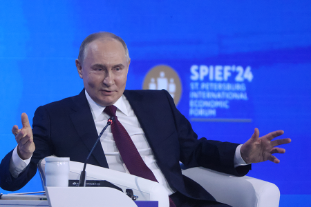 Russian President Vladimir Putin told the 2024 St. Petersburg International Economic Forum on June 7 that he will not rule out lowering his country’s policy threshold for using nuclear weapons. (Photo by Contributor/Getty Images)