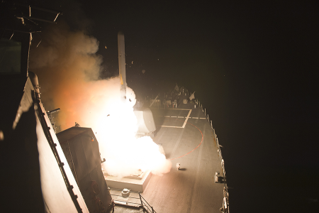 A conventionally-armed Tomahawk cruise missile launches from the USS Arleigh Burke. The Pentagon may field a nuclear-capable sea-launched cruise missile after the Biden administration decided to drop its opposition to the weapon.  (Photo by Petty Officer 3rd Class Carlos Vazquez/US Navy)