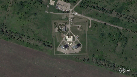 Satellite photos from Planet Labs are said to show damage to the Armavir early-warning radar site in Russia after Ukrainian drone attacks in late May. (Image by Planet Labs PBC)