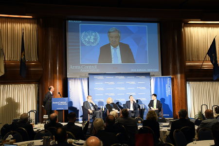 UN Secretary-General António Guterres addressed the 2024 Arms Control Association annual meeting in Washington by video on June 7. (Photo by Allen Harris/Arms Control Association)