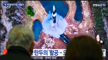 A North Korean Hwasongpho-16B ballistic missile, a new intermediate-range, solid-fueled missile with a hypersonic gliding warhead, launched in April, according to an image shown by South Korea’s Yonhapnews TV. (Photo by Kim Jae-Hwan/SOPA Images/LightRocket via Getty Images)