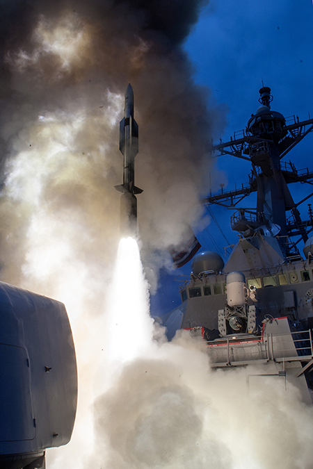 USS John Paul Jones launches a Standard Missile-6 (SM-6) during a live fire test. The SM-6 is among the systems that the United States and Germany plan to deploy to Germany on a rotational basis in 2026. (Photo courtesy of U.S. Navy)