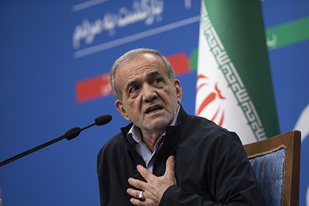 Newly-elected Iranian President Masoud Pezeshkian at his first press conference on September 16 in Tehran.  (Photo by Majid Saeedi/Getty Images)