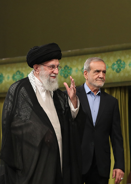 If he is going to succeed at striking a new nuclear deal with the United States and its European allies, Iran’s new president, Masoud Pezeshkian (R), is going to have to persuade Supreme Leader Ayatollah Ali Khamenei (L) to agree. The pair is shown in Tehran on September 21. (Photo by Iranian Supreme Leader Press Office/Handout/Anadolu via Getty Images)