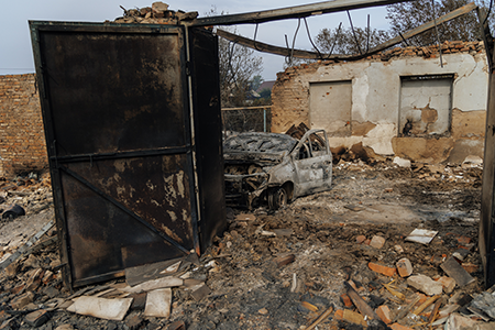 A destroyed building on September 13 in the Kursk Region of Russia, which Ukrainian troops invaded in August. Some 71 percent of Russians would oppose a nuclear strike against a military target in Ukraine, even if it meant serious strategic consequences, according to research by Michal Smetana and Michal Onderco.  (Photo by Oleg Palchyk/Global Images Ukraine via Getty Images )