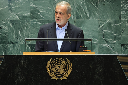 Iranian President Masoud Pezeshkian, elected Iran’s new leader in July, makes his first address to the UN General Assembly.  (Photo by Michael M. Santiago/Getty Images)