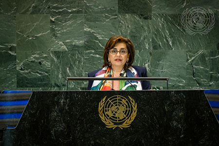 Sima Bahous, executive director of UN Women, addresses the UN Summit for the Future in New York on Sept. 23. (UN Photo by Loey Felipe)