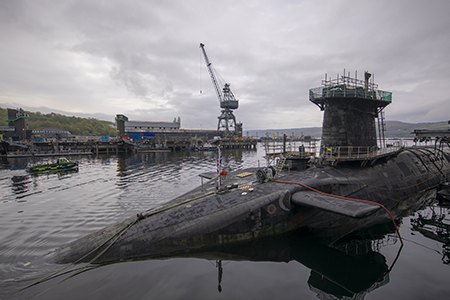 The UK HMS Vigilant, which carries Trident nuclear missiles, is a key example of nuclear cooperation between the United Kingdom and the United States.  (Photo by James Glossop/ WPA Pool/Getty Images)