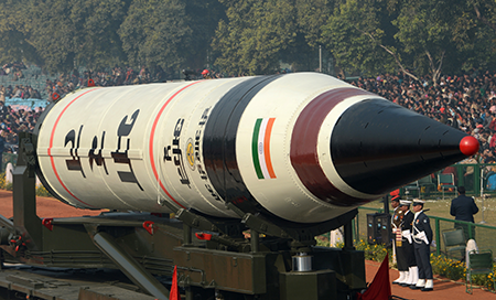 India’s Agni-5 nuclear-capable intercontinental ballistic missile on display for a parade in New Delhi in 2013. (Photo by Raveendran/AFP via Getty Images)