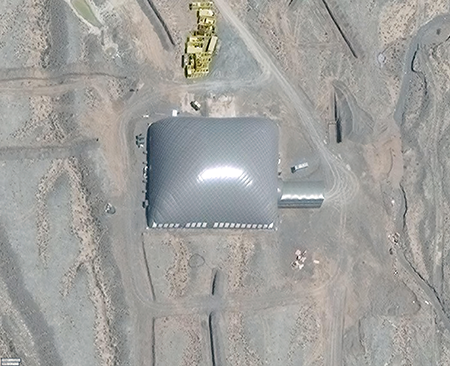 Satellite imagery of one of hundreds of missile silos being constructed in 2021 under inflatable domes at three missile fields and a training area in north central China. China is greatly expanding its nuclear arsenal.  (Satellite image by Maxar Technologies/Analysis by Federation of American Scientists via Getty Images)