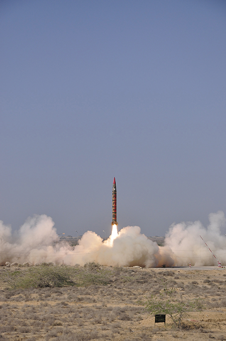 Pakistan’s test launch of a Shaheen 1A nuclear-capable ballistic missile with a range of 900 kilometers in 2014. (Photo by Pakistan Army/Pool/Anadolu Agency/Getty Images)