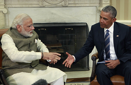 U.S. President Barack Obama (R) meets Indian Prime Minister Narendra Modi at the White House in Washington in June 2016. Days later, it was announced that the United States had agreed to support India’s bid for membership in the Nuclear Suppliers Group. (Photo by Dennis Brack-Pool/Getty Images)