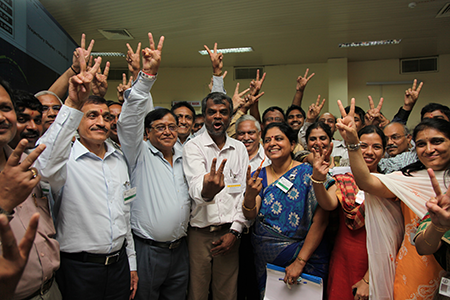 Indian scientists at the country’s integrated test range at Dr. Abdul Kalam Island near Odisha celebrating in 2012 after the successful launch of India’s longest range nuclear-capable intercontinental ballistic missile, the Agni-5. (Photo by Pallava Bagla/Corbis via Getty Images)