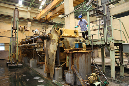 Inside India’s uranium processing facility at Turamidih Uranium Mill in the state of Jharkahnd in 2017. The yellow substance on the conveyor belt, called yellow cake, is an intermediate form of uranium that when processed further can be used to make electricity in nuclear power plants or enriched and used to make nuclear weapons. (Photo by Pallava Bagla/Corbis via Getty Images)