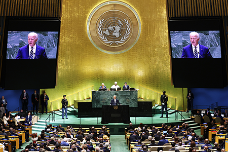 U.S. President Joe Biden speaks during the United Nations General Assembly (UNGA) at the United Nations headquarters on September 24, 2024 in New York City. (Photo by Michael M. Santiago/Getty Images)