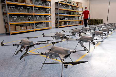 Turkey is among the countries arguing against developing new international law to regulate lethal autonomous weapons. The Turkish defense company STM produces these Kargu autonomous rotary wing attack drones in Ankara. (Photo by Mehmet Kaman/Anadolu Agency via Getty Images)