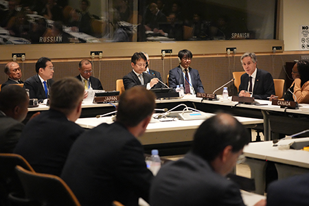 Japanese Prime Minister Fumio Kishida (second from L) looks on as U.S. Secretary of State Tony Blinken (second from R) speaks during a meeting to launch the Friends of a Fissile Material Cut-off Treaty group, or FMCT Friends, at UN headquarters in New York in September. (Photo by Bryan R. Smith/pool/AFP via Getty Images)