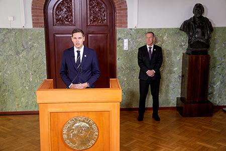 The head of the Norwegian Nobel Committee, Jørgen Watne Frydnes, announces the anti-nuclear group Nihon Hidankyo as the winners of the 2024 Nobel Peace Prize during a press conference in Oslo. (Photo by Javad Parsa/NTB/AFP via Getty Images)