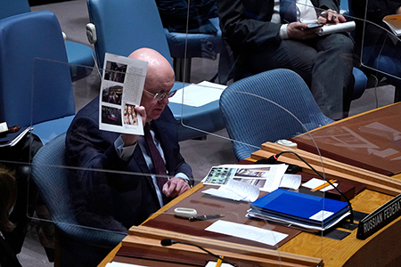 Multiple events spurred states-parties to the Biological Weapons Convention to return to discussions on verification, including Russian charges in 2022 of biological weapons activity by the United States and Ukraine. Russian UN Ambassador Vassily Nebenzia made Moscow’s case to the UN Security Council but it was rejected.  (Photo by Timothy A. Clary/AFP via Getty Images)