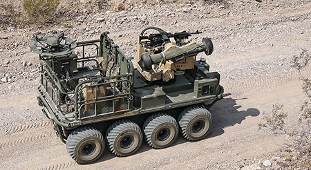 A U.S. Army autonomous weapons system known as “Origin” maneuvers through desert terrain as weapons testing commences at Yuma Proving Ground, Arizona, in 2020.  (Photo by Spc. Carlos Cuebas Fantauzzi/Army Futures Command)