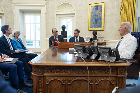 U.S. President Joe Biden, seen at an Oval Office briefing on artificial intelligence (AI) in July, recently issued an AI policy memorandum and reaffirmed that humans always should be “in the loop” for decisions on nuclear weapons use.  (Official White House photo by Adam Schultz)