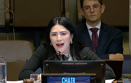 Costa Rica’s UN ambassador, Maritza Chan, chairs the annual session of the UN General Assembly First Committee October 7-November 8 in New York. She is the first female chair of the committee, which oversees issues relating to disarmament, international peace, and security. (Photo by UN Web TV)