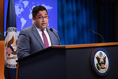 State Department spokesperson Vedant Patel, in file photo, says there will be no reduction in U.S. arms assistance to Israel despite the country’s failure to permit increased humanitarian aid deliveries to Gaza. (Photo by Yasin Oztürk/Anadolu via Getty Images)