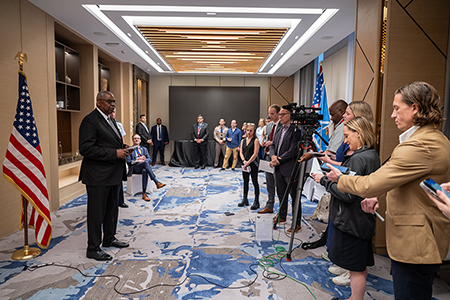 Secretary of Defense Lloyd Austin discusses the U.S. decision to provide anti-personnel landmines to Ukraine at a press conference after attending the Association of Southeast Asian Nations defense ministers' meeting in Vientiane, Laos, in November. (DoD photo by U.S. Air Force Tech. Sgt. Jack Sanders)