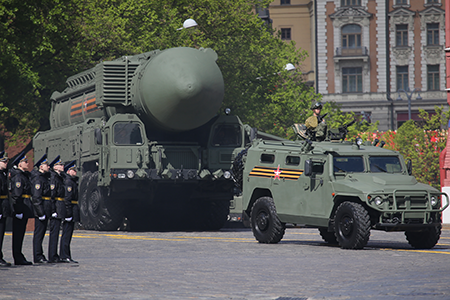 An RS-24 Yars nuclear missile, a central component of Russia’s arsenal, arrives in Red Square for a military rehearsal parade in May. (Photo by Contributor/Getty Images)