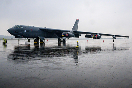 A B-52H strategic bomber, parked at a South Korean Air Force base at Cheongju Airport in 2023, is among the U.S. weapons systems limited by the New Strategic Arms Reduction Treaty (New START) that expires in February 2026. (Photo by Anthony Wallace/AFP via Getty Images)