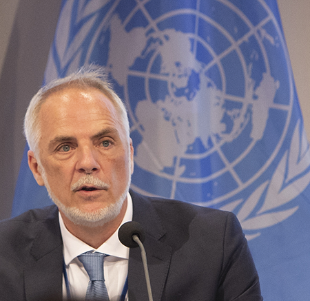 Alexander Kmentt, director of the Disarmament, Arms Control and Non-Proliferation Department of the Austrian Ministry for Foreign Affairs, calls the present time a “critical juncture [that] demands urgent political leadership” to regulate lethal autonomous weapons. (Photo by Alex Halada/AFP via Getty Images)