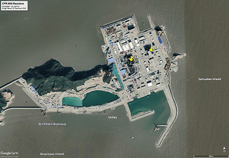 In its annual report on Chinese military power, the Pentagon assessed that Beijing has completed one of its two fast breeder reactors at Xiapu to support the country’s expanding nuclear arsenal. (Satellite image by Maxar Technologies  and Google Earth)