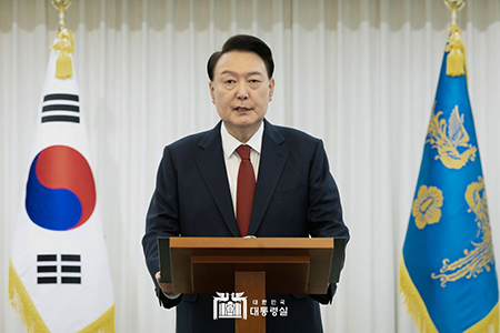 South Korean President Yoon Suk Yeol, impeached over his botched attempt to impose martial law, speaks to the nation in Seoul on December 14. (Photo by South Korean Presidential Office /Anadolu via Getty Images)