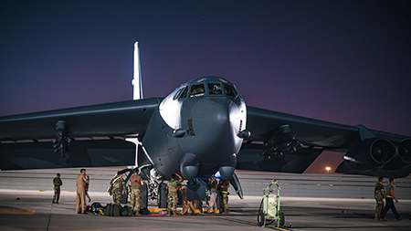 U.S. Air Force personnel conduct post-flight procedures on a B-52H Stratofortress bomber in November. It is among the weapons systems that Congress slated for a budget increase in the defense policy bill for fiscal year 2025. (U.S. Air Force photo by Airman 1st Class Zeeshan Naeem)