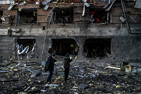 The site of a Russian missile strike in Kyiv, Ukraine, on Feb. 12. in which one man was killed and four other people, including one child, were injured. (Photo by Maxym Marusenko/NurPhoto via Getty Images)