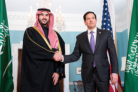 Marco Rubio, President Donald Trump’s new secretary of state, meets with Saudi Defense Minister Khalid bin Salman at the U.S. State Department on Feb. 25. (Photo by Allison Robbert/AFP via Getty Images)