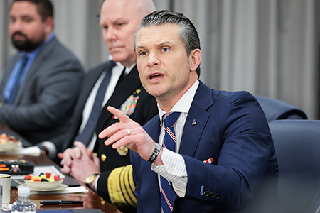 The new U.S. secretary of defense is Pete Hegseth, a former Fox News host, speaks during a meeting with Saudi Defense Minister Khalid bin Salman at the Pentagon on February 24. (Photo by Kayla Bartkowski/Getty Images)